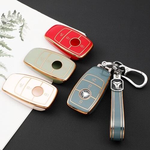 Fashion Golden Edge Car Key Cover Keychan Set Car Protection Bag for Mercedes Benz Class E Class A AMG Class C CLS Series