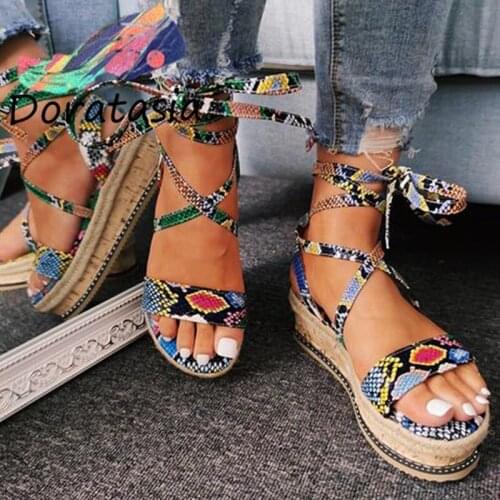 New Summer Women Snake Sandals Platform Heels Cross Strap Ankle Lace Peep Toe Beach Party Ladies Shoes Sandals