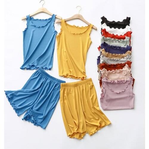 Ice Silk Tank Top Shorts Two Piece Pajama Sets Casual Solid Homewear Summer Suit For Women Pajamas Set Female Modal Home Clothes
