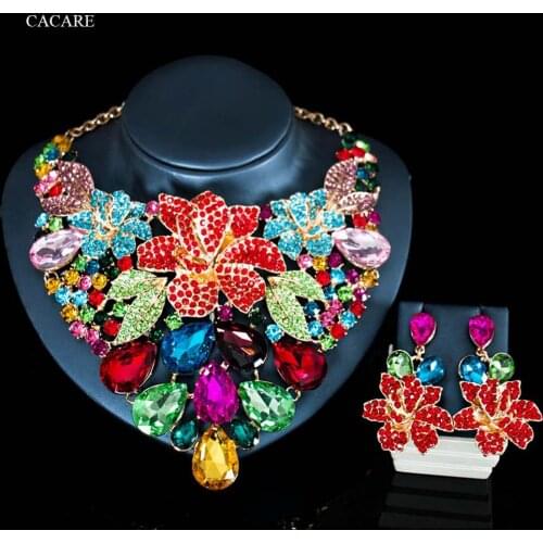 Luxury Rhinestone Jewelry Sets Women Fashionable Necklace Earrings Set 3pcs EU Dubai Big Jewellery Party Jewels F1044 6 Colors
