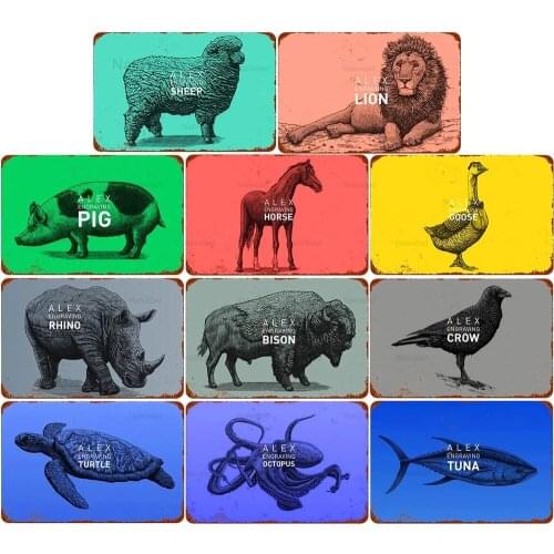 Retro Animals Tin Signs Colorful Lion Rhino Crow Octopus Turtle Children Gifts Yard Sign Wall Decor Metal Sign Home Decoration