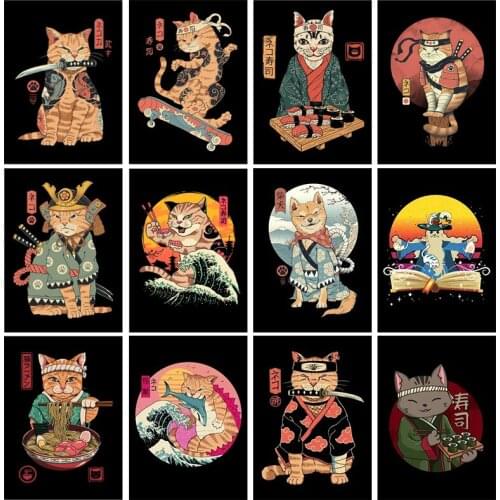 Self-adhesive Wall Sticker Vintage Traditional Japanese Samurai Cat Waves Kanagawa Picture Art for Home Living Room Decoration