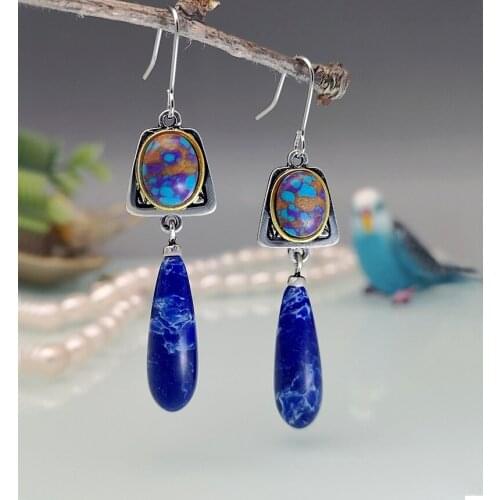Bohemian Style 925 Silver Natural Lapis Lazuli Gemstone Dangle Hook Earrings Wedding Engagement Earrings for Women