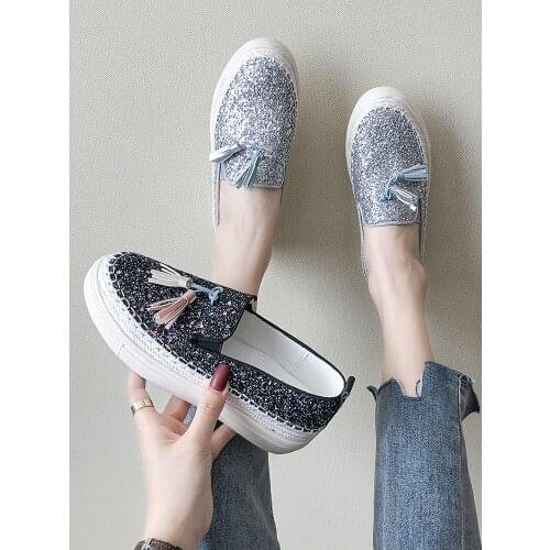 Summer fashion ladies canvas shoes trend wild sequins tassels soft sole comfortable casual single shoes large size 35-40