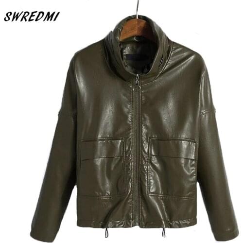 Casual Women Leather Jacket New Spring And Autumn Army Green Cool Motorcycle leather Coats Loose Clothing SWREDMI