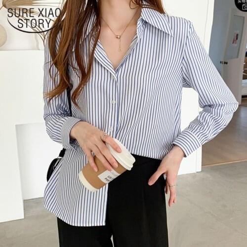 Autumn New 2020 Loose Chiffon Blouse Women Fashion Striped V-neck Long Sleeve Wild Professional Womens Shirts Feminine 11251