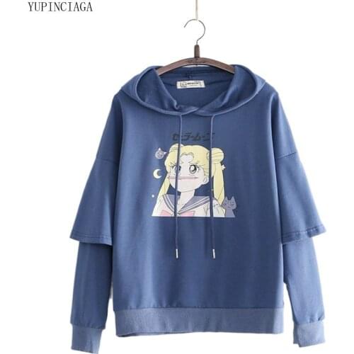 Japanese Mori Cartoon Cute Girl Print Women Sweet Style Hooded Sweatshirt Hoodies 2020 Spring Loose Long Sleeve Casual Pullovers