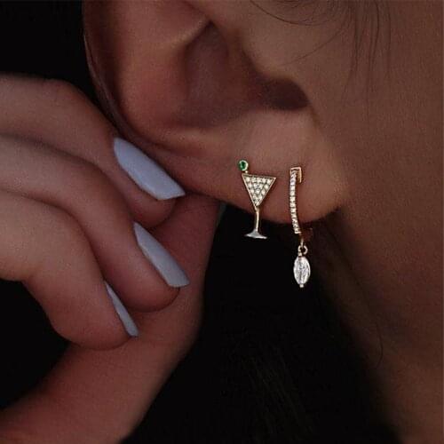 2 Pcs/ Set Fashion Wine Glass Water Drop Triangle Crystal Gem Gold Pendant Earrings Set Female Creative Party Jewelry