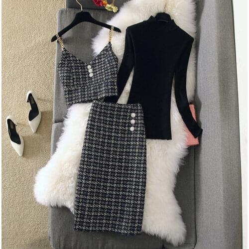 Womens Autumn/Winter Knitted Sweater + Small Fragrance Vest + Woolen Skirt Three-Piece Sets