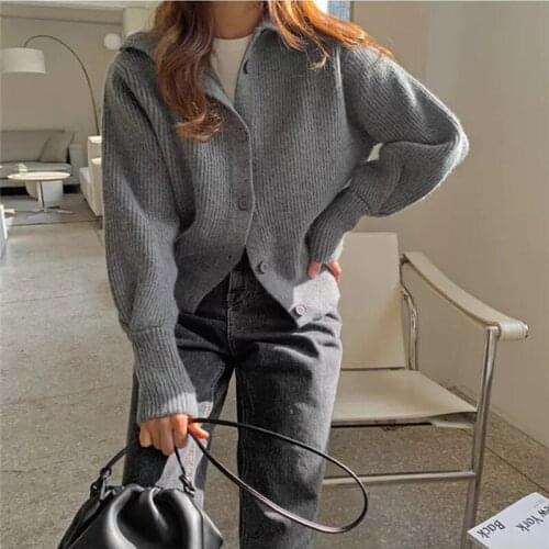 2021 New Autumn Winter Fuzzy Cardigan Women Single-breasted Stand Collar Knitted Sweater Woman Korean Elegant Harajuku Tops