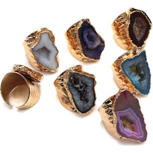 Women Color Rough Stone Druzy Ring Crystal Quartz Geode Open Adjusted Hole Design Gold Inlaid Unique