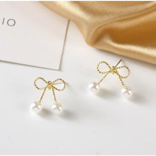 S925 Needle Sweet Bowknot Earrings Fashion Korean Temperament Metal Golden Plating Simulated Pearl Earrings for Girl Gifts