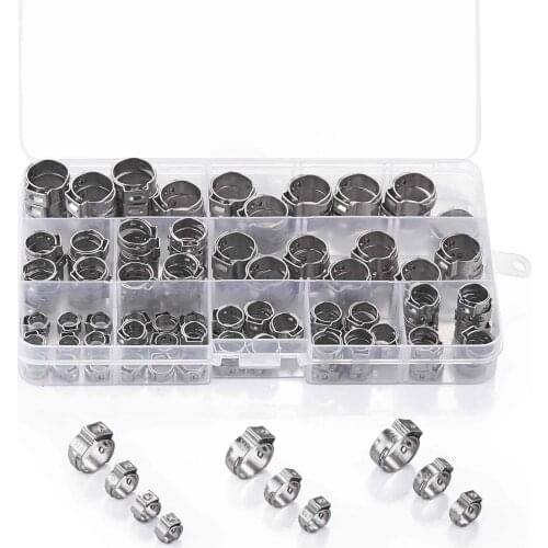 130 PCS 304 Stainless Steel Single Ear Hose Pipe Tubing Clips Clamp Crimp Pinch Fitting Adjustable Range 5-15mm Assortment Kit