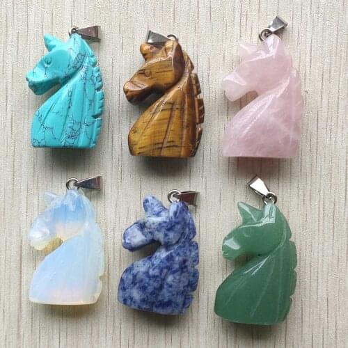 2020 new fashion mixed natural stone carved unicorn shape pendants for necklace jewelry making 6pcs/lot Wholesale Free shipping