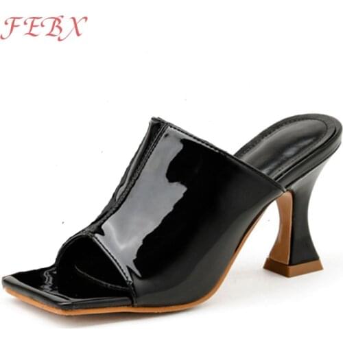 2021 Womens Sexy High Heels Sandals Fashion Square Toe Ladies PU Learher Slippers Slip On Women Peep Shoe Female Footwear New