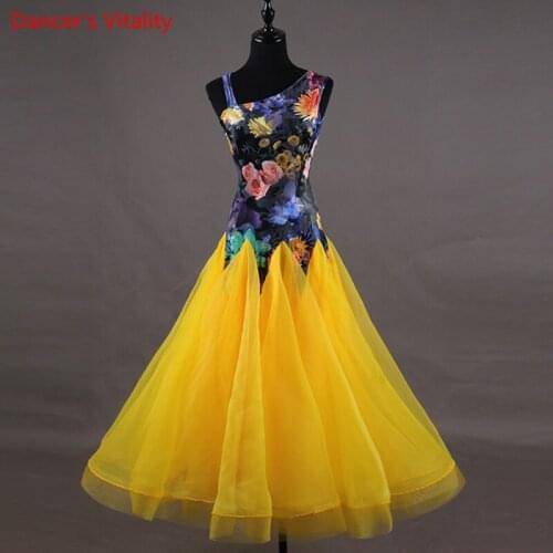 2021 New Professional Competition Sleeveless Dance Dresses Custom Women Ballroom Dance Skirt Flamenco Waltz printing Dance Dress