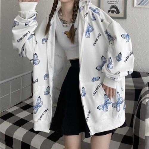 2021 spring Harajuku butterfly hoodie with zipper womens Sweatshirt