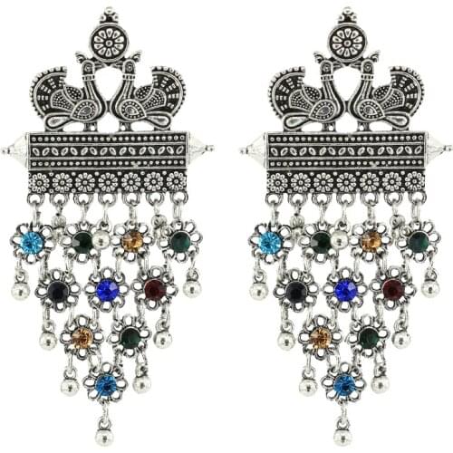 Afghan Big Long Tassel Earrings for Women Vintage Peacock Drop Earring Rhinestone Ethnic Gypsy Pakistan Nepal Egypt Jewelry