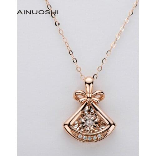 AINUOSHI Hard Gold Craft 18K Gold 0.042ct Real Diamond Fan Shaped Dancing Pendant Necklace For Women Surprise Jewelry Gift 18