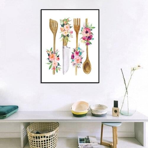 High-Definition Floral Kitchen Utensil Print Wall Art Decor Wooden Canvas Painting Picture Poster Home Decoration