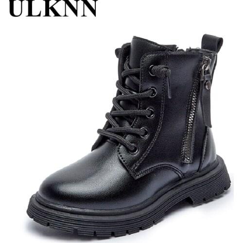 ULKNN Kids Shoes Winter Boys And Girls Martin Boots Baby Fashion Boots Children Leather Mid-Calf Shoes Outdoor Non-slip Black