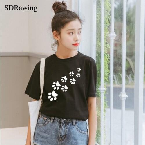 SDRawing cotton t shirts brand short sleeve o neck fashion tops cat paws print t shirts tees womens clothing
