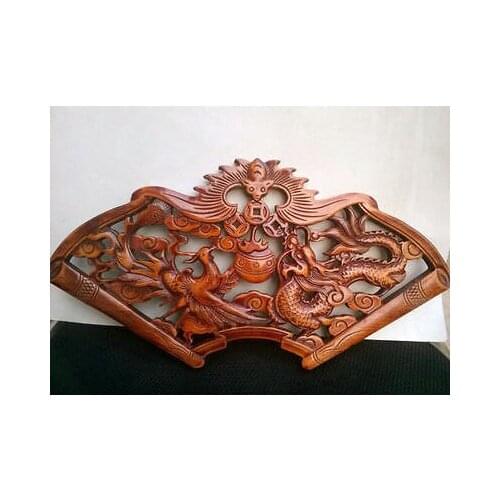 Delicate Fanned Chinese Traditional Handicrafts Classical Camphor Wood Wall Hanging - Dragon and Phoenix