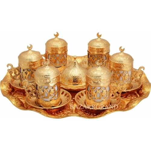 COFFEE SET FOR SIX - SULTAN - WHITE - YELLOW-TINY-ANTIQUE COPPER-ANTIQUE YELLOW PATTERNED CHIC PRESENTATION FREE SHİPPİNG