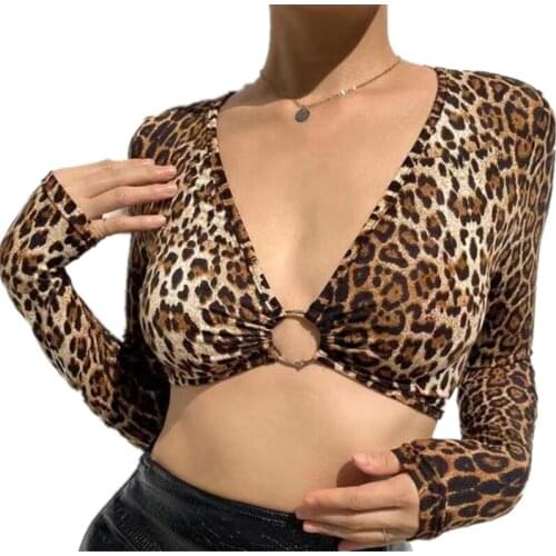 Leopard Sexy Backless Long Sleeved Crop Top Korean Fashion Spring Autumn Summer Vintage Clothes For Women T-Shirt 2021 Blouses