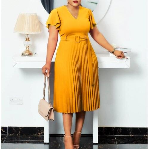 Summer Women Dresses Classy Vintage Red Yellow Dress Plus Size Slim Fit Short Sleeve V Neck Robes Birthday Party Evening Vestido