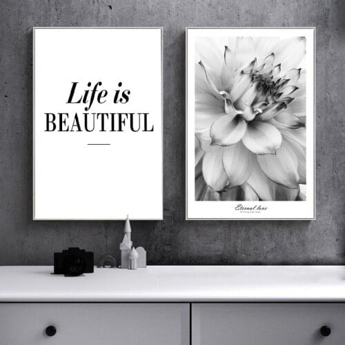Minimalist Black White Flower Inspiration Poster Life Is Beautiful Quote Canvas Painting Nordic Decorative Picture Home Decor