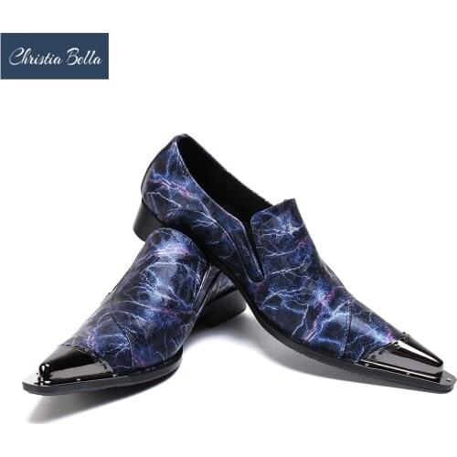 Christia Bella Fashion Men Leisure Dress Shoes Designer Metal Toe Slip On Boat Shoes Lightning Printed Man Wedding Party Shoes