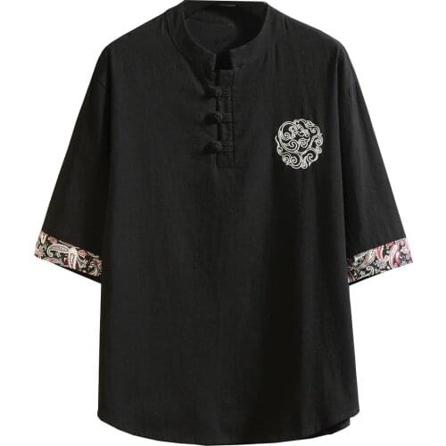 Shanghai Story Mens Cotton Linen Frog Button Embroidery Chinese Style Embroidery Casual Shirts 5 Color