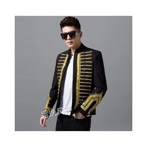 100%real men medieval black with golden vintage U.K wind event/stage performance short tuxedo jacket/stage performance/ASIA SIZE
