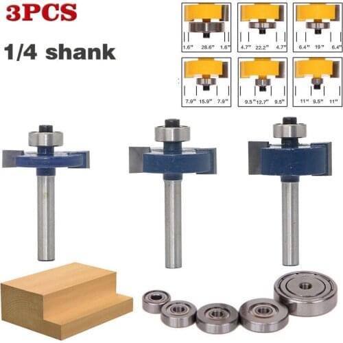 3pcs/set 6.35mm Shank 6 Bearings Rabbet Router Bit Sets Tungsten Carbide 1/4" Shank Woodworking Tools Cutters For Wood