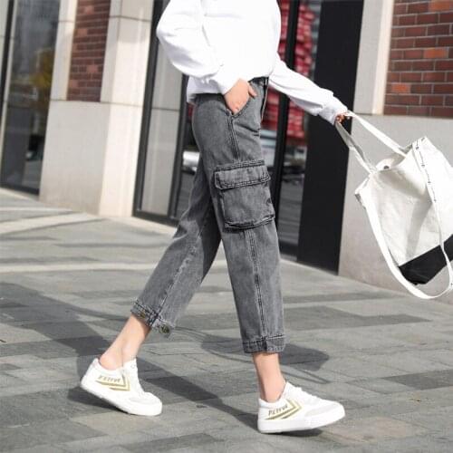 New 2020 Fashion Denim teenager loose straight jeans womens high-waisted daddy pants multi pocket student casual overalls pants