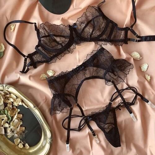 GREDEA New Ladies Lace Embroidered Sexy Lingerie Thin Section Mesh See-Through Underwear Erotic Ruffled Bra Garter Thong Set