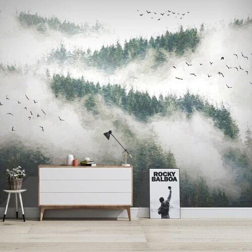 Chinese Style Cloud Fog Flying Birds Wallpaper Modern Hand Painted Pine Forest Murals Living Room Dining Room Papel De Parede 3D