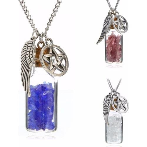 Transparent Bottle Pendant Necklace Vintage Angel Wing Pentagram Drop Chain Supernatural Protection Necklace Birthday Gift