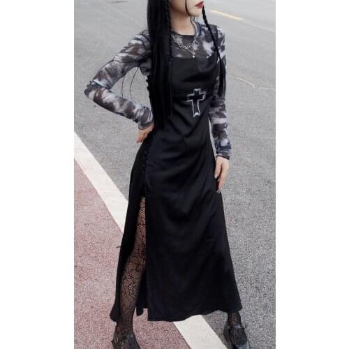 Ruibbit Punk Gothic Women Summer Autumn Black Sexy Cross O-neck Dress Party Club Wear Dark Halter High Waist Split Dresses