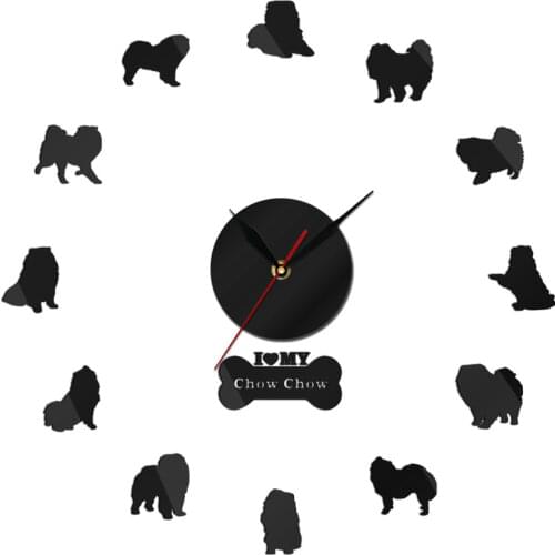 Modern 3D DIY Mute Frameless Wall Clock Acrylic Metal Mirror Chow Chow Dog Clock Home Decor Super Big Watch Dog Owners Gift
