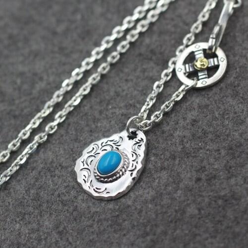 Takahashi Goro S925 Sterling Silver Create Full Tang Grass Engraved High-end Vintage Thai Silver Blue Turquoise Pendant