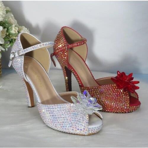 Bridesmaid Party Dress Shoes And Bag Women Crystal Flower Wedding Shoes Bride Open Toe Sandals Ankle Strap High Heels Handbag