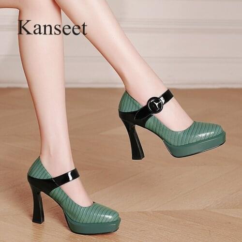 Kanseet 2021 New Womens Shoes Platform High Heels Footwear Genuine Leather Square Toe Buckle Shallow Woman Pumps Green Size 40