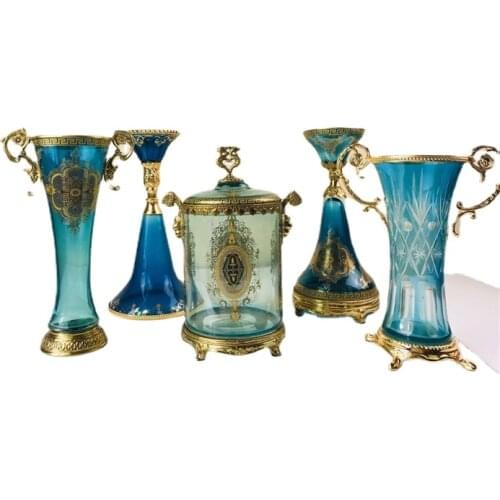 European French Style Home Decoration Pure Copper Crafts Glass Blue Vase Candlestick Living Room Decoration