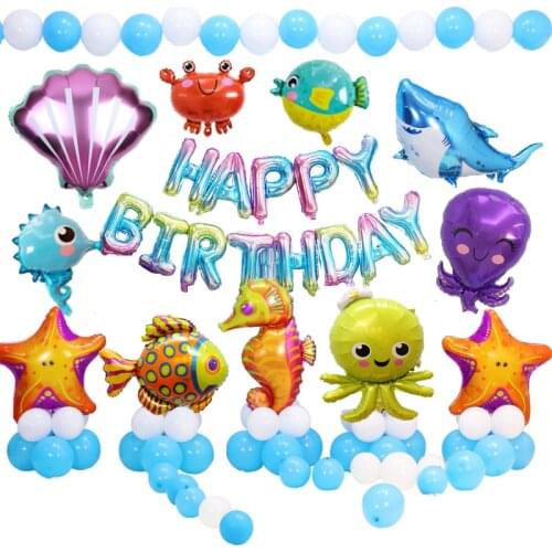 Ocean Marine Life Sea Happy Birthday Party Decor Starfish Octopus Seahorse Fish Shark Crab Shell Aluminum Foil Balloon Beach
