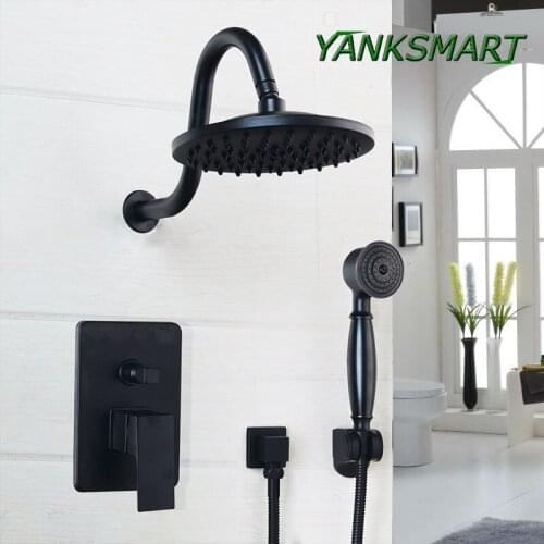 YANKSMART Bathroom Rainfall shower faucet Black 8/10/12 Inch Round Head Wall Mounted Oil Rubbed Bronze head & Hand Shower Sets