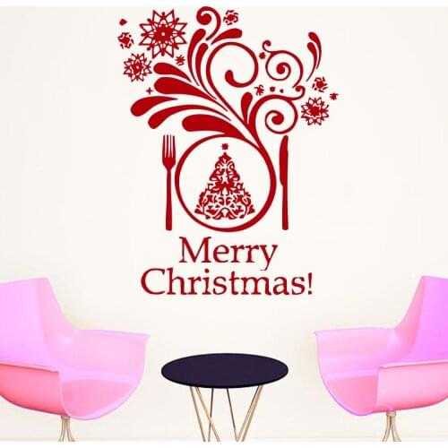 YOYOYU Restaurant Window Merry Christmas Wall Decal Snowflakes Dishes Spoon Fork Vinyl Wall Stickers For Kitchen Art Mural SY122