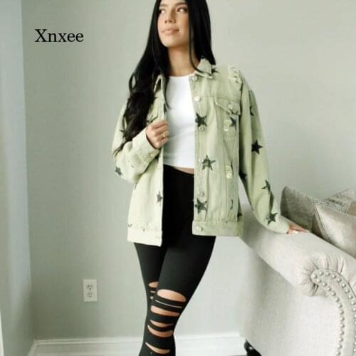 Retro Denim Jacket Womens Printed Fashion Lapel Long-Sleeved Single-Breasted Jacket Pocket Loose Casual Street Jacket