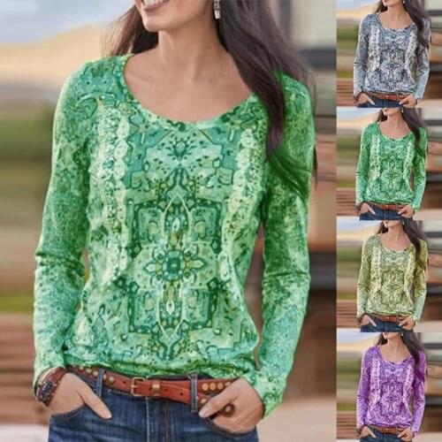 Women T-shirt Ethnic Pattern Loose Autumn Comfortable Skin-friendly Ethnic Pattern Round Neck Long Sleeve Blouse for Party